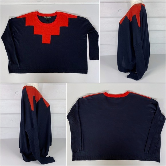 Oversized Color Block Sweater Navy Orange Modern Minimalist Nautical Winter Fall - Picture 8 of 8